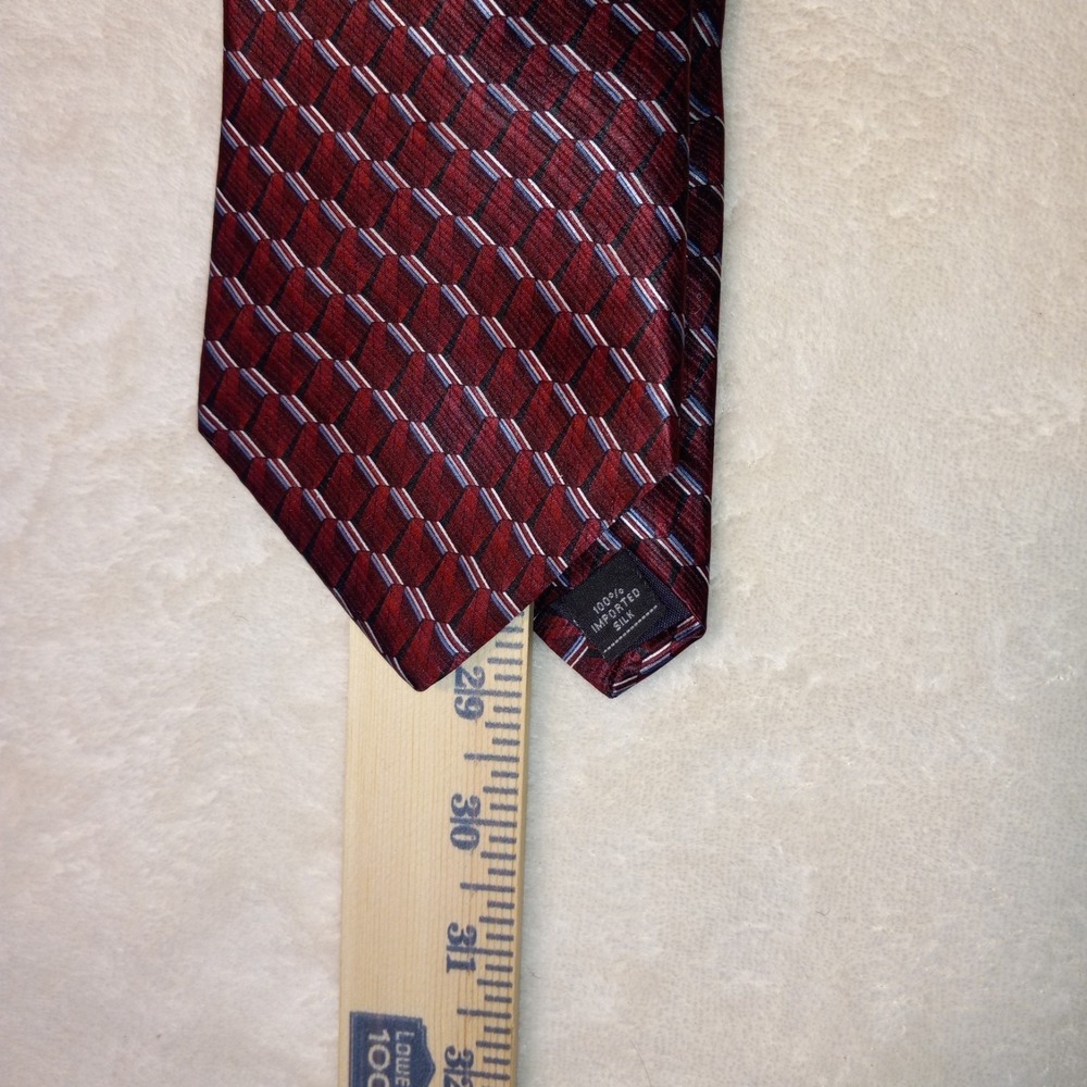 Peebles Mens Silk Necktie Red Silver Geometric Pattern Handmade USA 58 Inch
